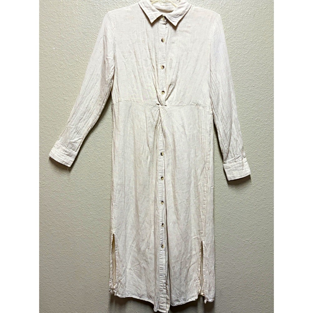 Sim & Sam Beige Woven Rayon Linen Cotton Shirt Dress Collared Button Midi M